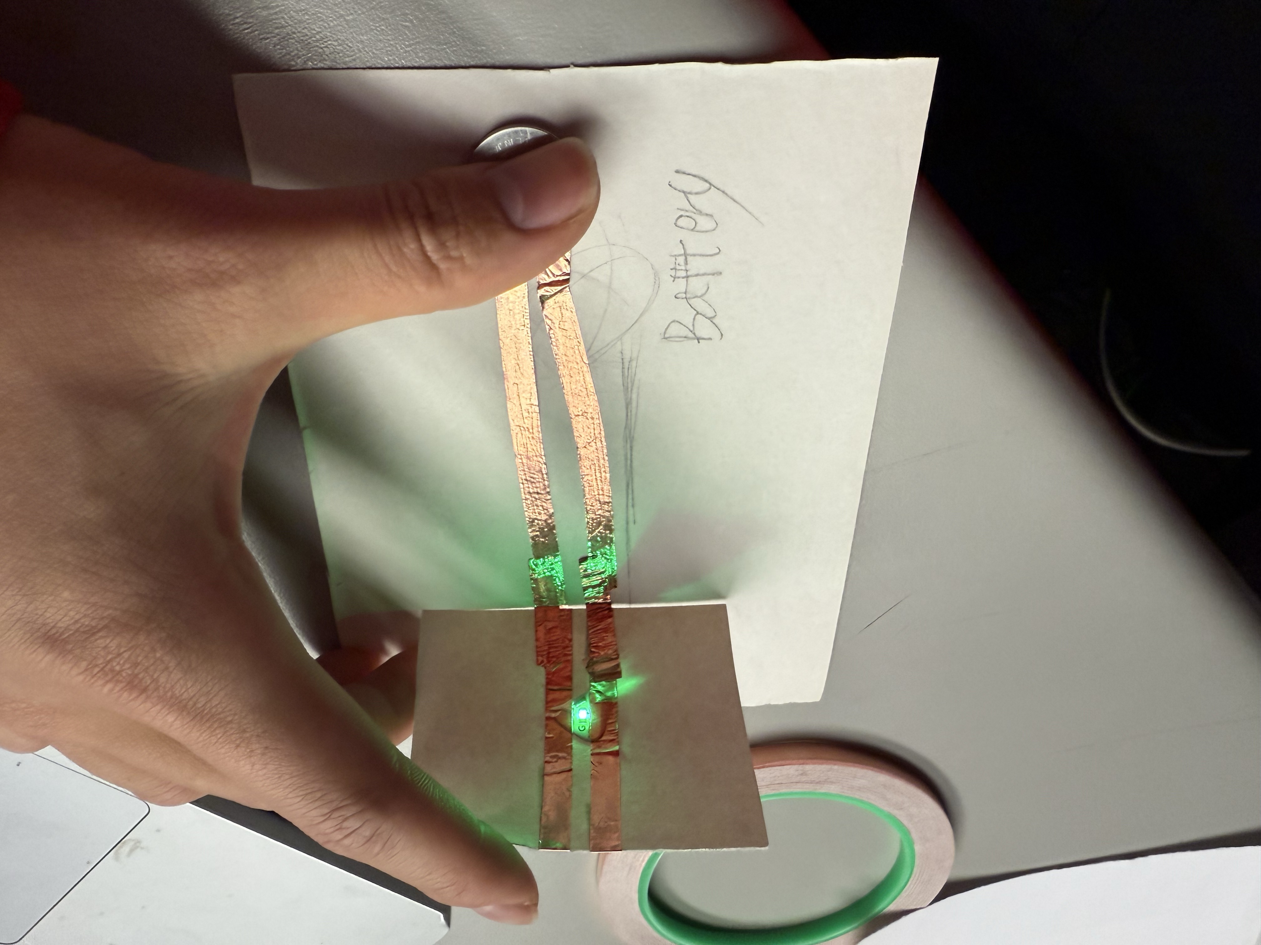 Experiment with moveable LED placement in a copper tape circuit.