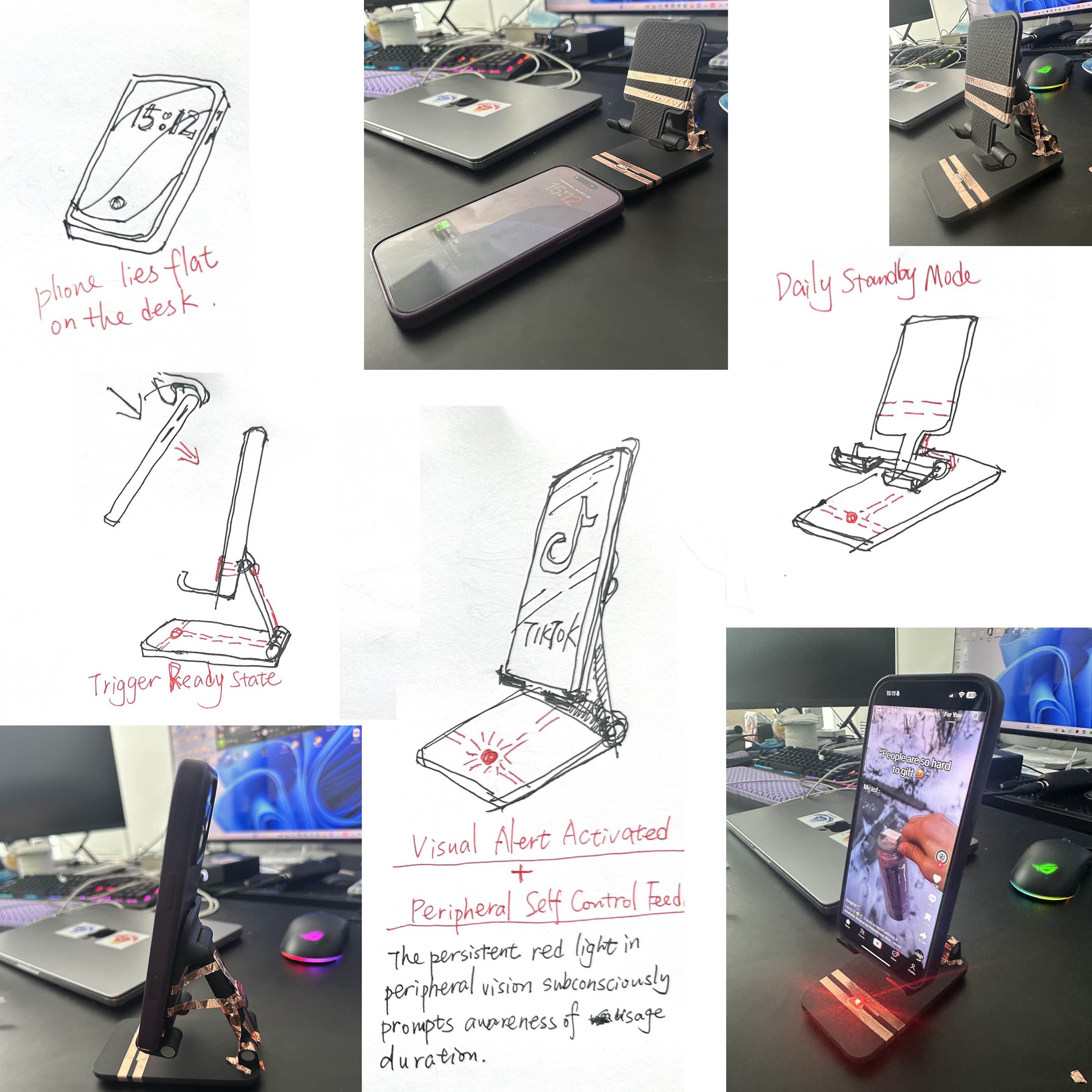 Phone holder with red light feedback for behavior modification