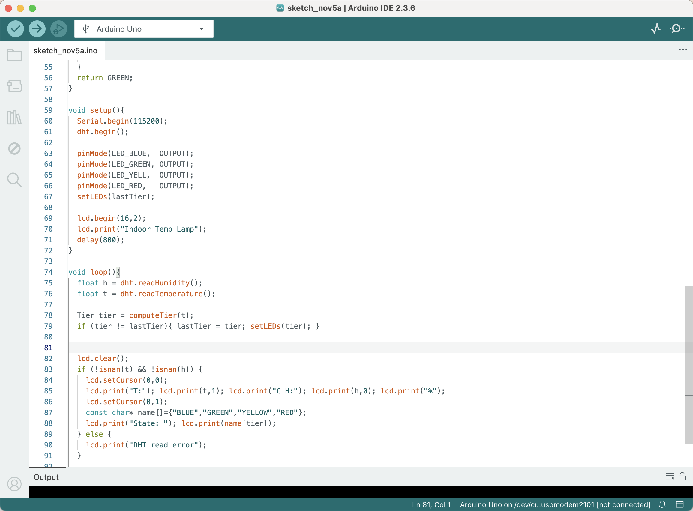 Arduino sketch — DHT, tier, LED, LCD