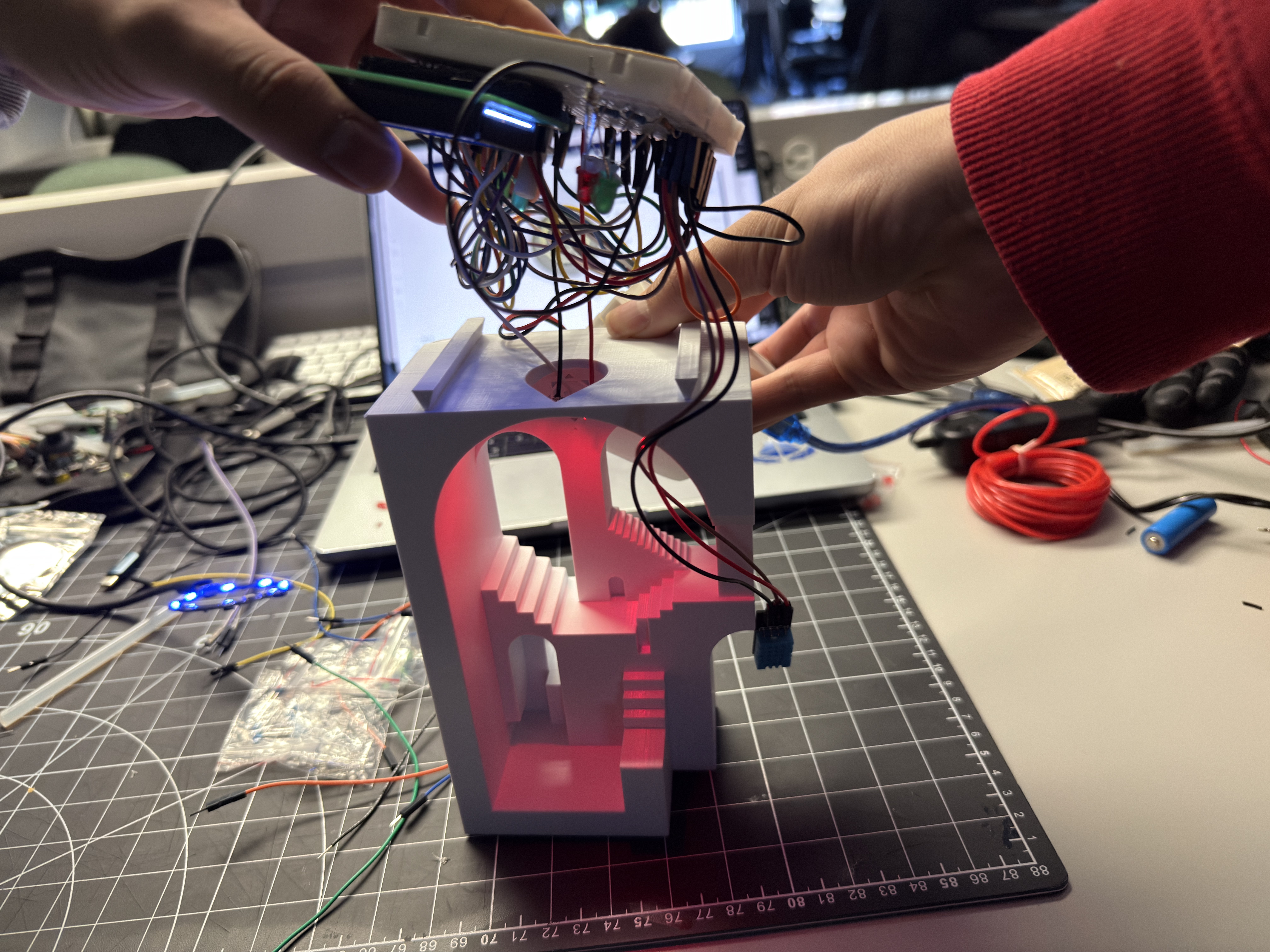 Warm glow inside staircase housing