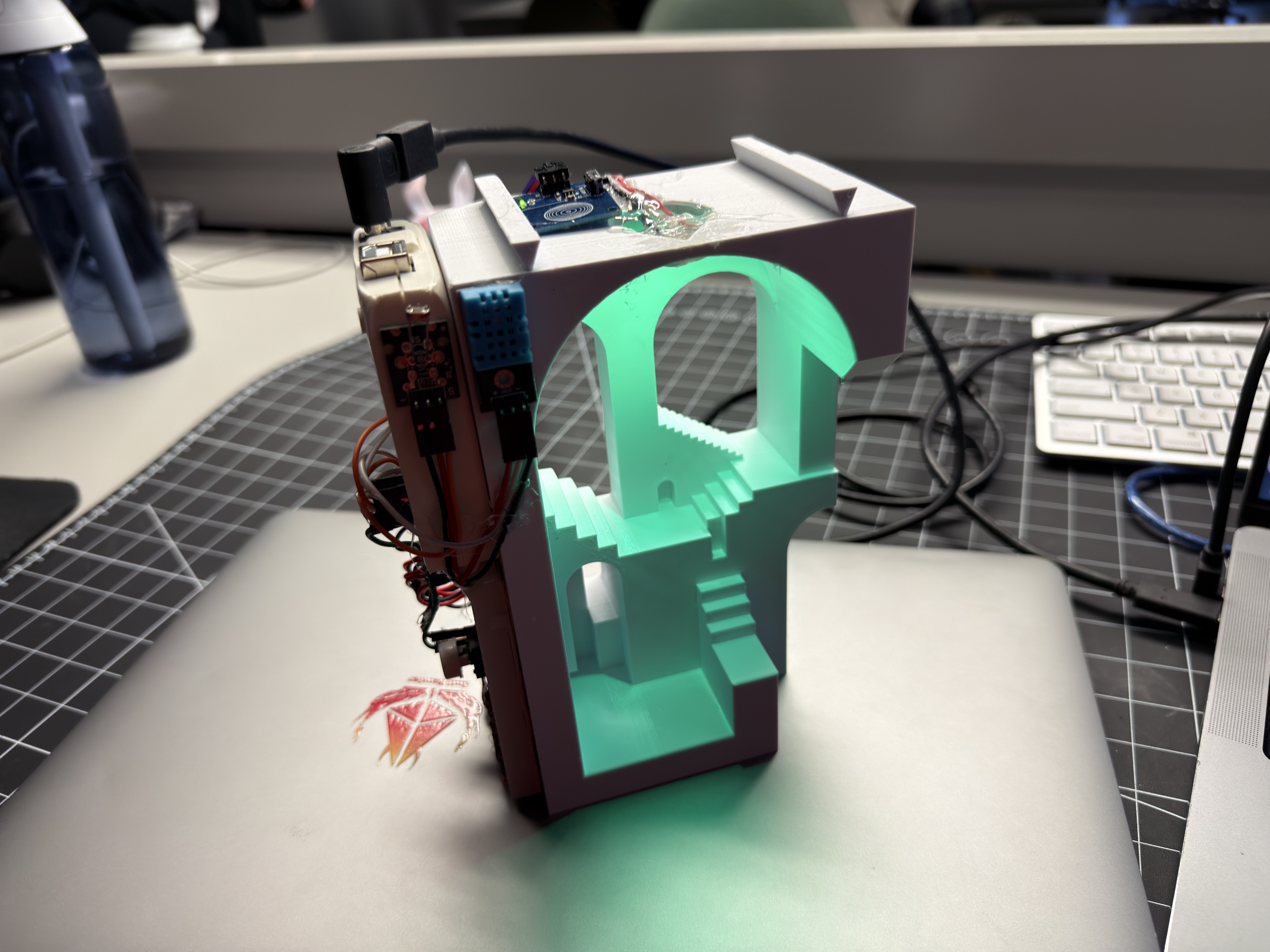 Comfort Lamp final prototype — 3D-printed staircase glowing green