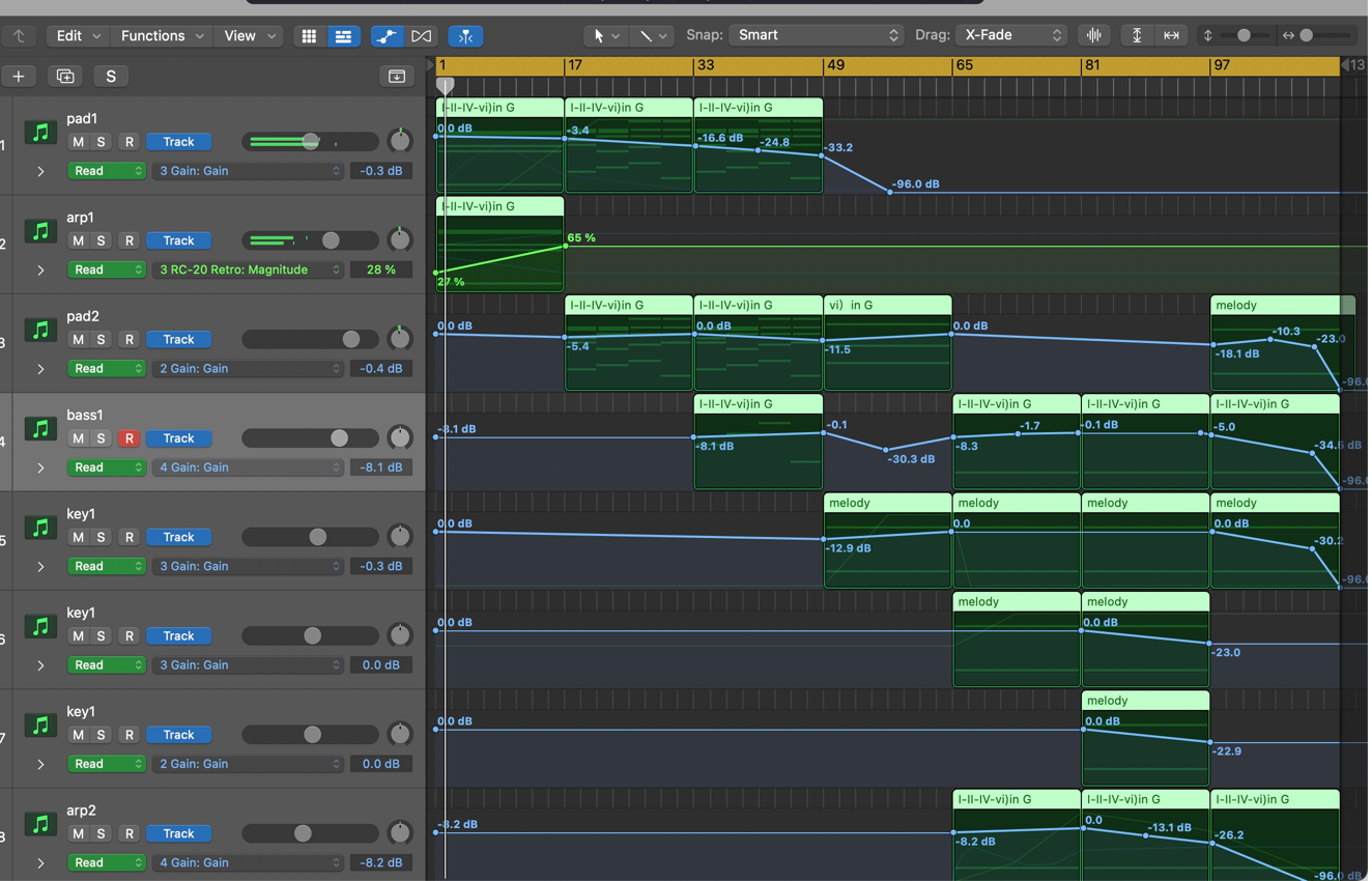Logic Pro arrangement session — multi-track composition with pads, arps, bass, keys, and melody layers